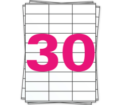 A4 Stickerbögen, 30 pro Bogen, permanent, weiß, 70mm x 29mm