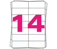 A4 Stickerbögen, 14 pro Bogen, permanent, weiß, 105mm x 42mm