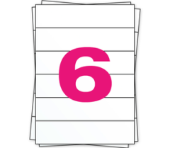 A4 Stickerbögen, 6 pro Bogen, permanent, weiß, 210mm x 49,4mm